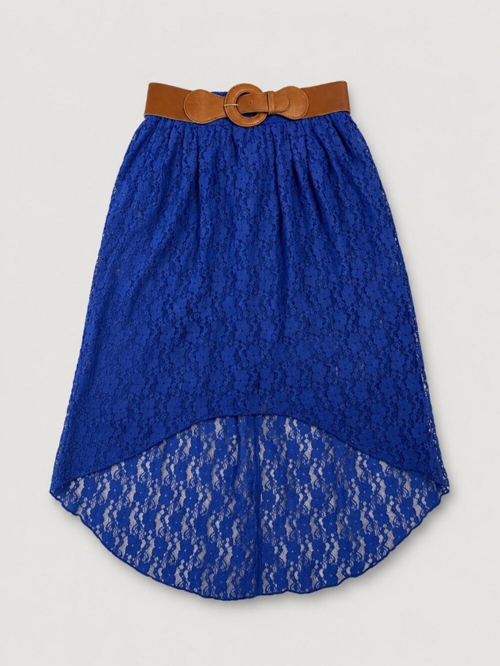 Vintage Royal Blue Floral Lace High‑Low Skirt Boho Asymmetrical Belted Festival